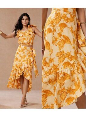 Banana Republic Tropical Floral Ruffle Wrap Yellow & Orange Skirt - Small